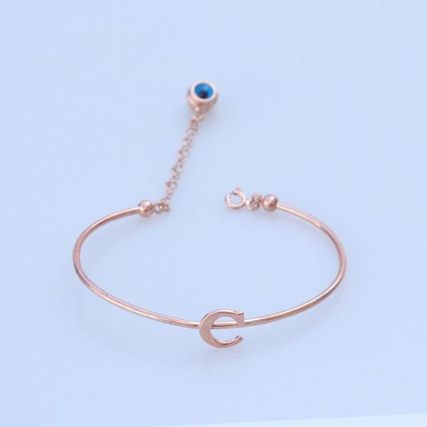 Rose Gold Kaplama Nazar Boncuklu C Harfi Gümüş Bileklik - Image 1