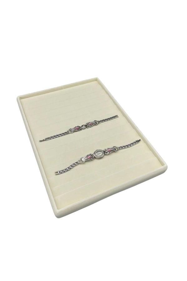 Megass Dekor Yerli Üretim Madrid Model Süet Kumaş Krem Renk 34/24 Cm Kademeli Çekmece Ici Bileklik-Kolye Standı - Image 1
