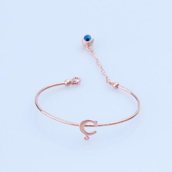Rose Gold Kaplama Nazar Boncuklu Ç Harfi Gümüş Bileklik - Image 1