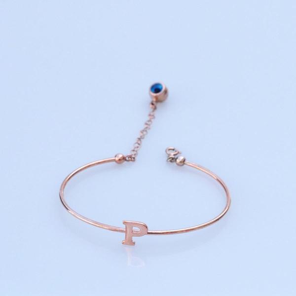 Rose Gold Kaplama Nazar Boncuklu P Harfi Gümüş Bileklik - Image 1
