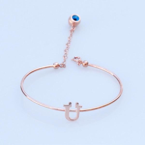 Rose Gold Kaplama Nazar Boncuklu Ü Harfi Gümüş Bileklik - Image 1