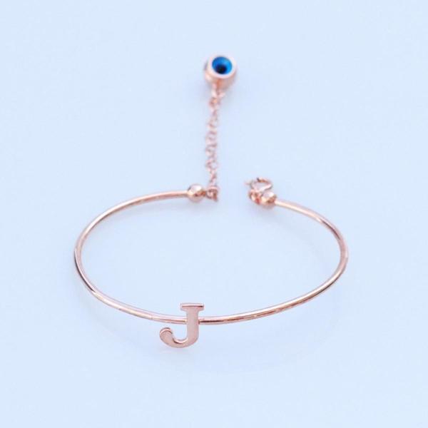 Rose Gold Kaplama Nazar Boncuklu J Harfi Gümüş Bileklik - Image 1
