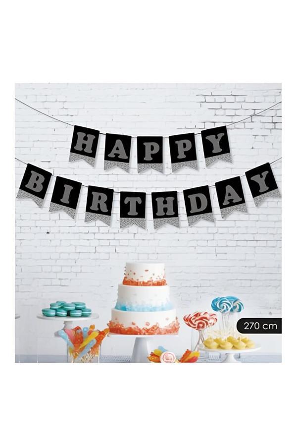 Alsepeteavm Happy Birthday Siyah Zemin Gümüş Harf Afiş - Image 1
