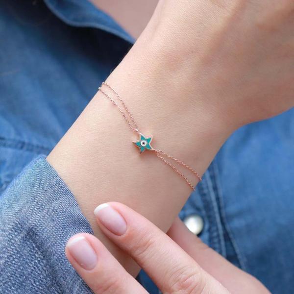 Açık Mavi Yıldız Figürlü Mine İşli Rose Gold Kaplama Gümüş Bileklik - Image 1