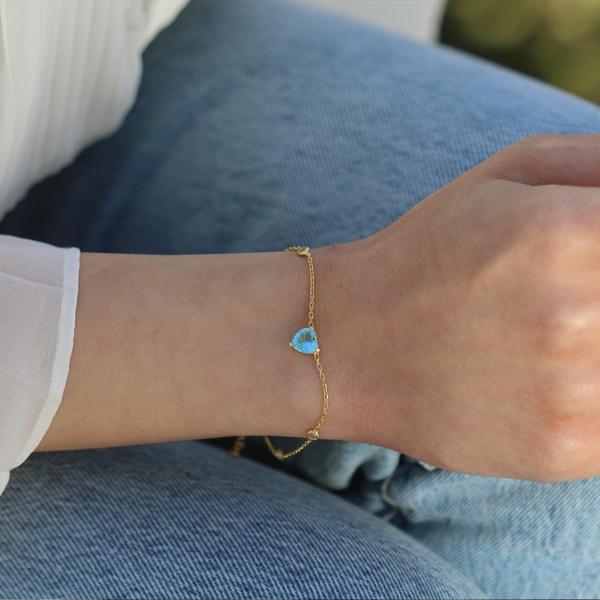 Aquamarin Taşlı Gold Kaplama Sevgili Kalp Gümüş Bileklik - Image 1