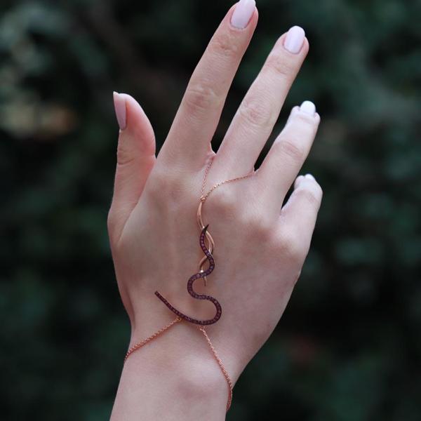Fuşya Zirkon Taşlı Yılan Modeli Rose Gold Kaplama Gümüş Şahmeran - Image 1