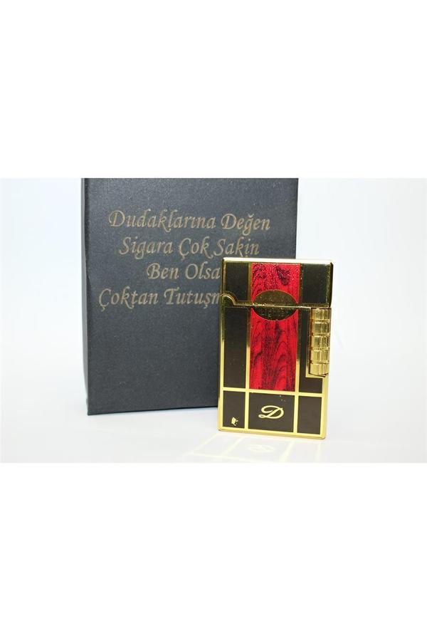 Alsepeteavm Kişiye Özel Dupont Tarz Çelik Gövde Çakmak (Gold-Siyah-Kırmızı) YÇ1204028 - Image 1