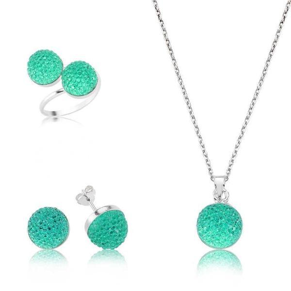 Alsepeteavm Gümüş Yeşil Kristal Taşlı Bayan Set - Image 1