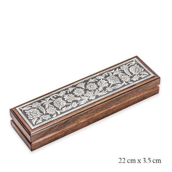 Alsepeteavm Gümüş Çiçek Desenli Ahşap Tesbih Kutusu - Image 1
