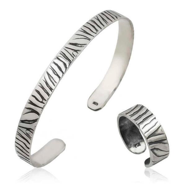 Alsepeteavm Gümüş Zebra Desenli Bileklik Ve Yüzük Set - Image 1