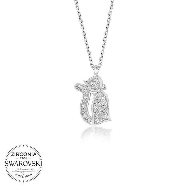 Alsepeteavm Swarovski Taşlı Gümüş Kedi Bayan Kolye - Image 1