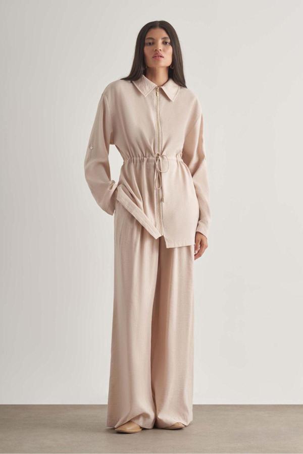 Mizalle Modal Karışımlı Fermuarlı Bej Rengi Tunik - Image 1