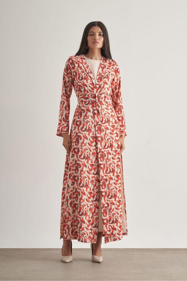 Mizalle Kırmızı Botanik Desenli Kimono Takım - Image 1