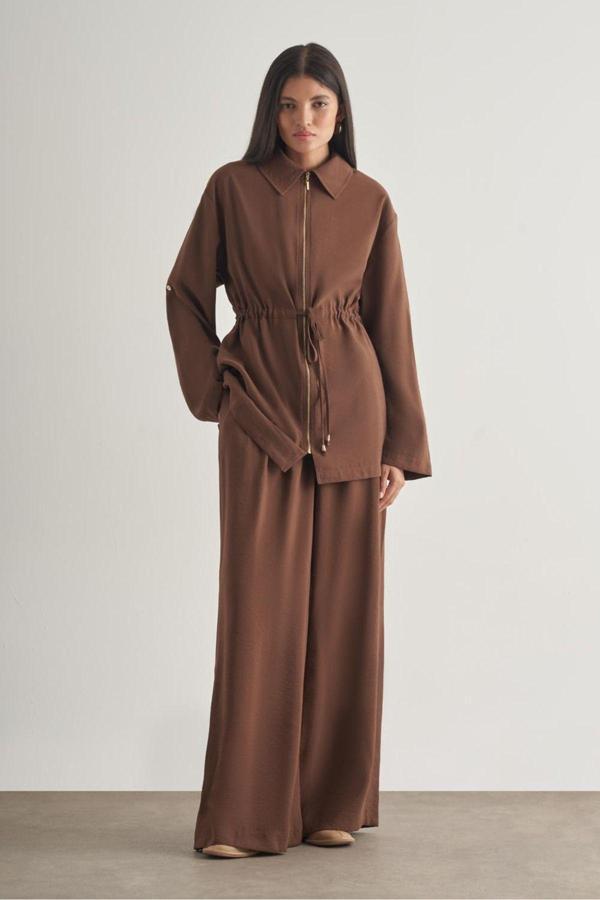 Mizalle Modal Karışımlı Fermuarlı Kahverengi Tunik - Image 1