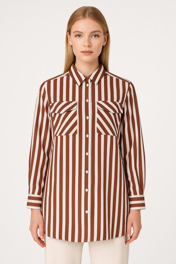 Mizalle Modal Dokulu Bordo Çizgili Cepli Gömlek - Image 1