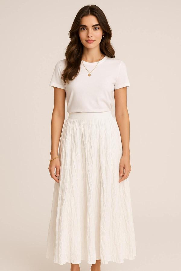 Mizalle Ekru Kırışık Görünümlü Saf Pamuk Beyaz Maksi Etek - Image 1