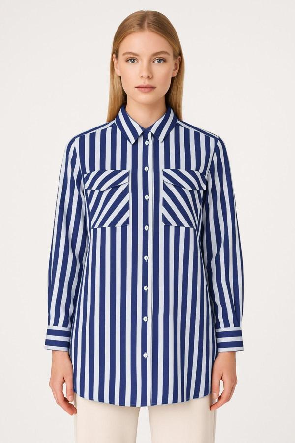 Mizalle Modal Dokulu Lacivert Çizgili Cepli Gömlek - Image 1