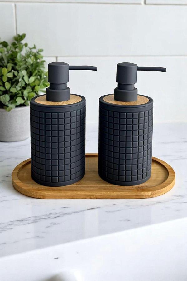Tilbe Home 2Li Retro Still Sıvı Sabunluk Seti 500Ml Mutfak Banyo Kare Figürlü Hands Dishes Bambu Stantlı Set - Image 1