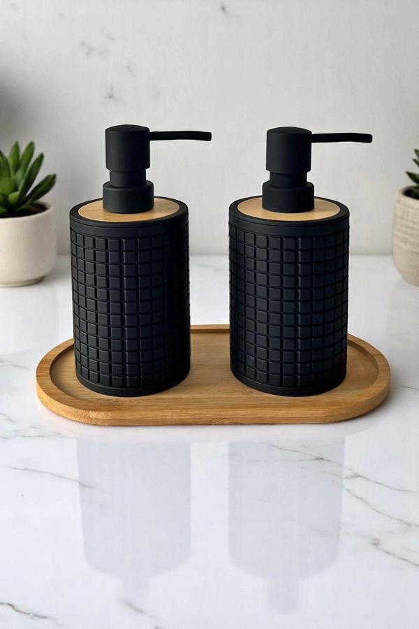 Tilbe Home 2Li Retro Still Sıvı Sabunluk Seti 500Ml Mutfak Siyah Hands Dishes Kare Figürlü Bambu Stantlı Set - Image 1