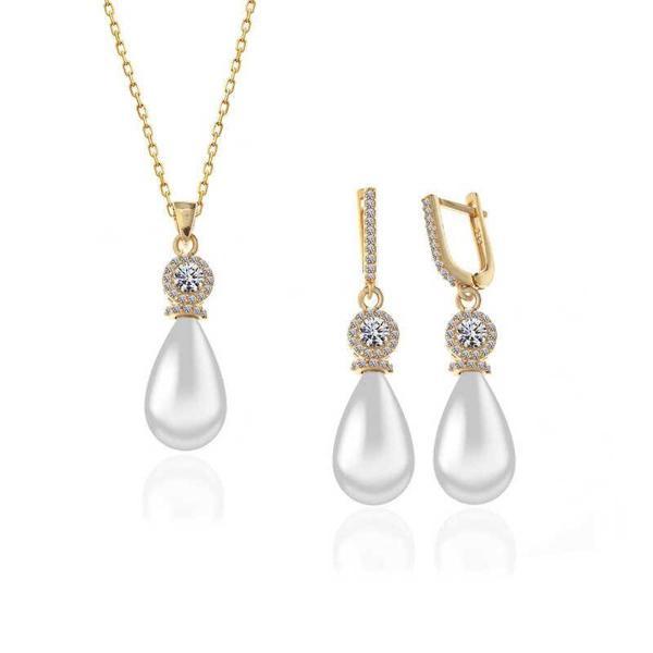 Alsepeteavm Gümüş Gold Damla İnci Kadın Set - Image 1