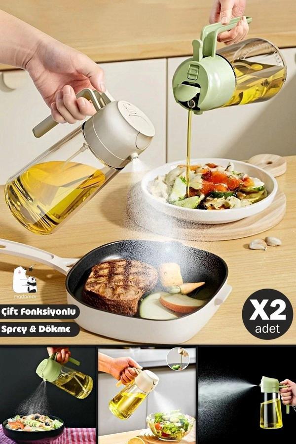 Madamev 2'Li Çift Fonksiyonlu Cam Yağdanlık 550Ml Kulplu Zeytinyağı Sıvıyağ Şişesi Airfryer Sprey Yağlık - Image 1