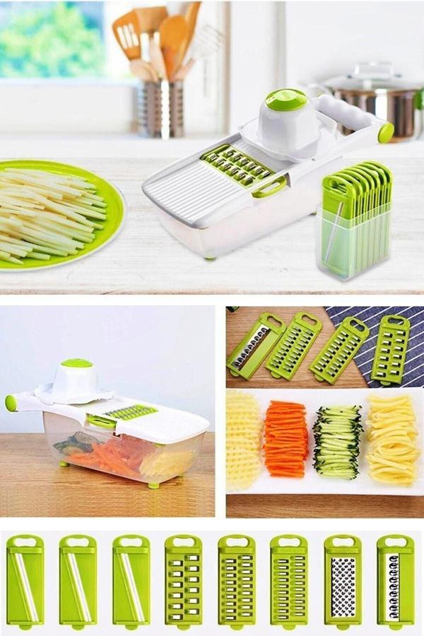 Tilbe Home Pratik Peynir Soğan Dilimleyici Rende Mandolin Dicer 13 Parça 8 Keskin Çelik Bıçaklı Hazneli Sebze Patates Cips Dilimleme Salata Jülyen Doğrayıcı Çok Fonksiyonlu Rende Beyaz Yeşil Seti - Image 1