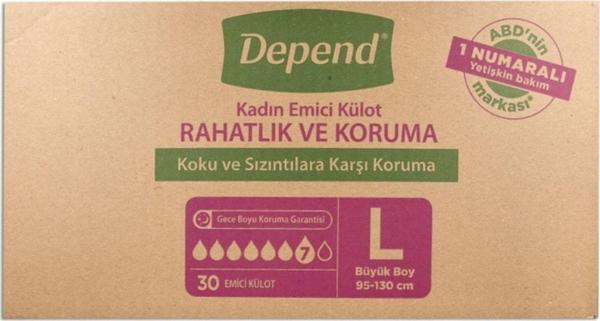 Depend Emici Külot Bayan Büyük Boy Large Beden (BEL ÖLÇÜSÜ 95-130 CM) 30 Adet - Image 1
