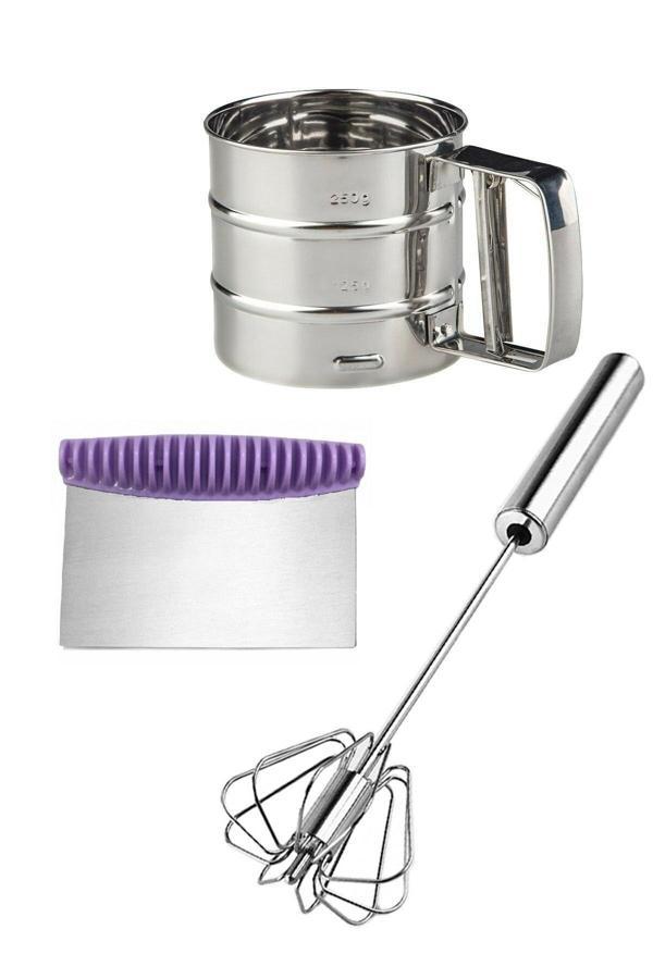 Tilbe Home Un Eleği Kakao Pudra Eleme + Çelik Yumurta Çırpıcı Mikser Karıştırıcı + Hamur Kesici Spatula - Image 1