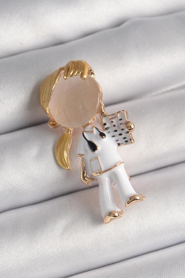 Pirinç Gold Renk Beyaz Mineli Doktor Model Kadın Broş - Image 1