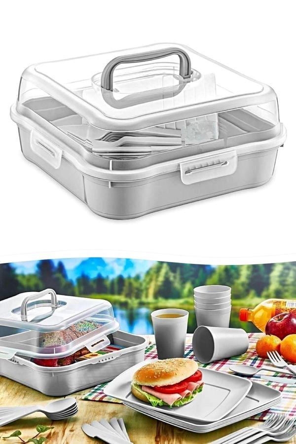 Tilbe Home 6 Kişilik Piknik Seti - Çantalı Piknik Seti 25 Parça Piknik Organizer Kamp Gray Piknik Seti - Image 1