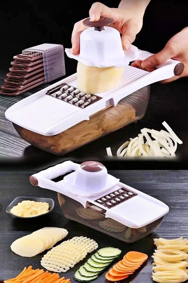 Tilbe Home Rende Dilimleyici Hazneli 8 Bıçaklı Sebze Patates Rendeleme Mandolin Doğrayıcı Lüx Dicer Rende Seti - Image 1