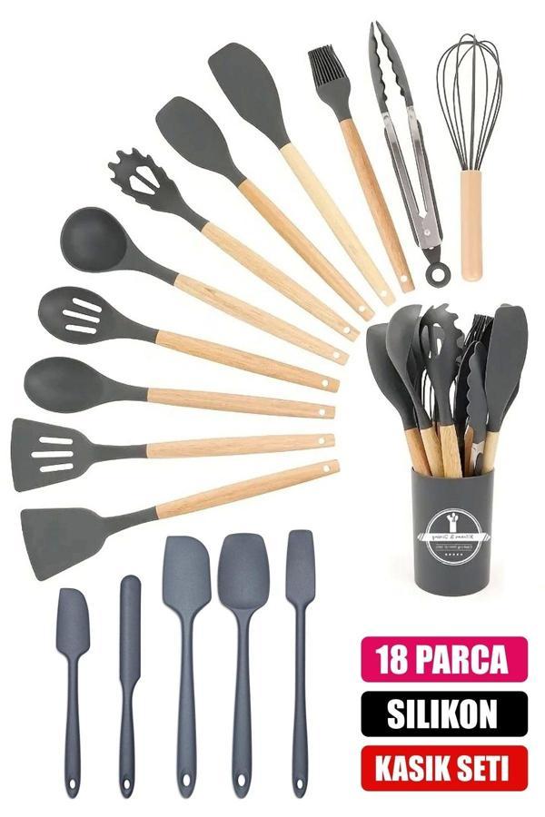 Tilbe Home 18Parça Silikon Kepçe Kevgir Çırpıcı Kaşık Fırça Spatula Maşa Servis Seti Bambu Saplı Mutfak Takımı - Image 1