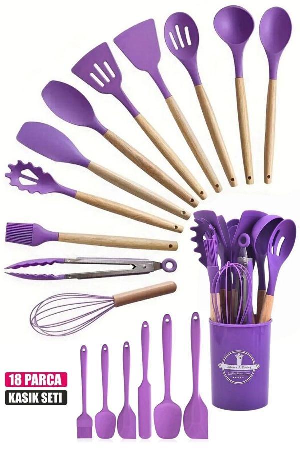 Tilbe Home 18Parça Silikon Kepçe Kevgir Kaşık Fırça Çırpıcı Spatula Servis Maşa Seti Bambu Saplı Mutfak Takımı - Image 1