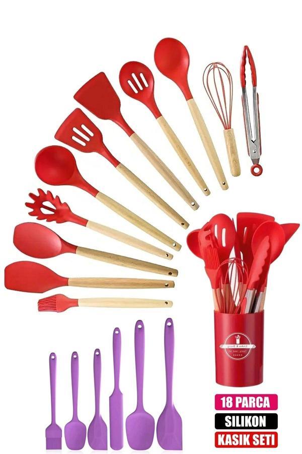 Tilbe Home 18Parça Silikon Kevgir Kepçe Kaşık Fırça Çırpıcı Spatula Maşa Servis Seti Bambu Saplı Mutfak Takımı - Image 1