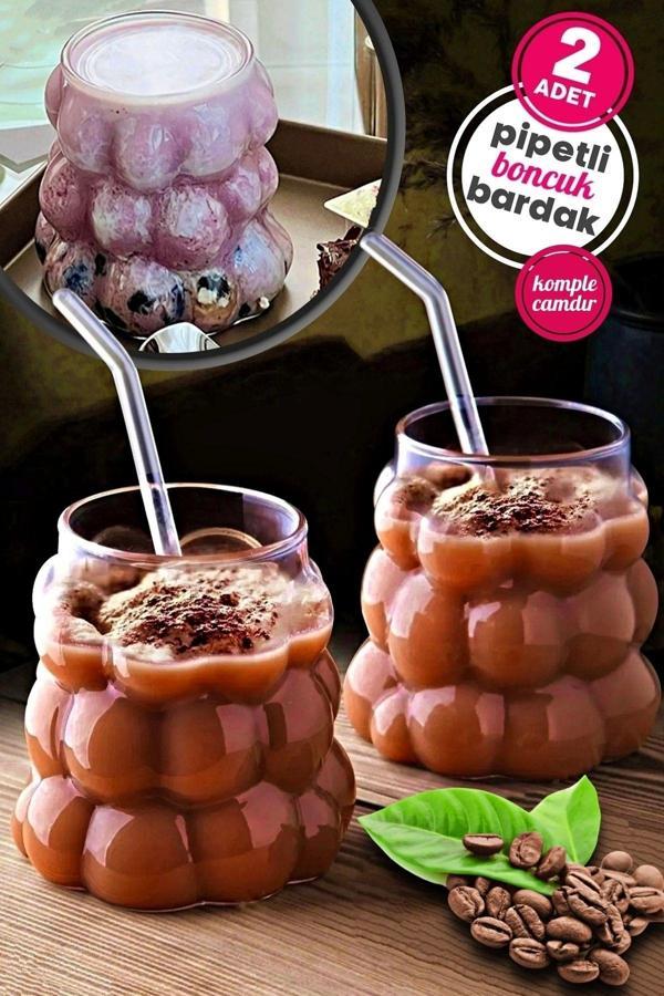 Tilbe Home 2Li Boncuklu Pipetli Cam Bardak Üzüm Tanesi Şeklinde 350 Ml. Meşrubat Su Kahve Sunum Bardağı Seti - Image 1