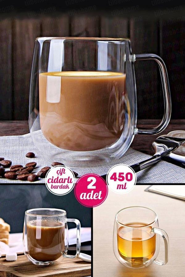 Tilbe Home 2'Li Çift Cidarlı Cam Kupa Bardak 450 Ml Ev Ofis Fincanı Çift Katlı Isı Yalıtımlı Kulplu Cam Bardak - Image 1