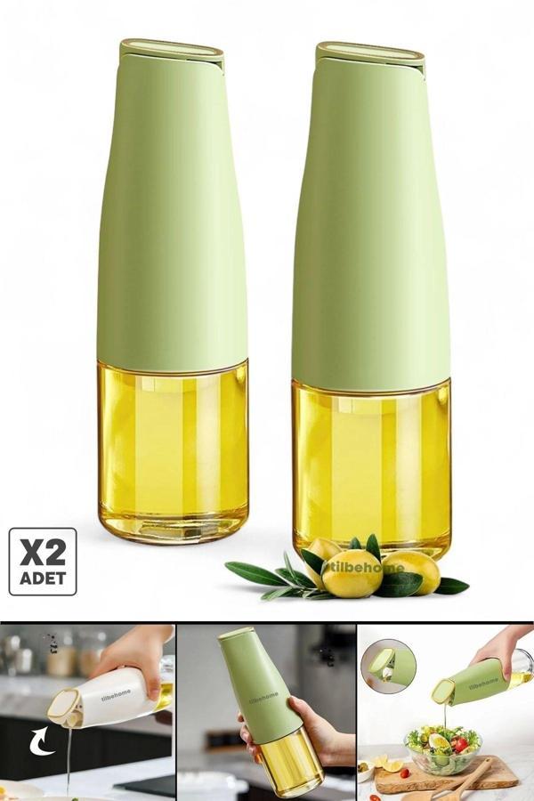 Tilbe Home 2Li Fonksiyonlu Cam Yağdanlık 500Ml Yeşil Yerçekimi Otomatik Kapak Damlatmayan Ağızlı Yağlık Sosluk - Image 1