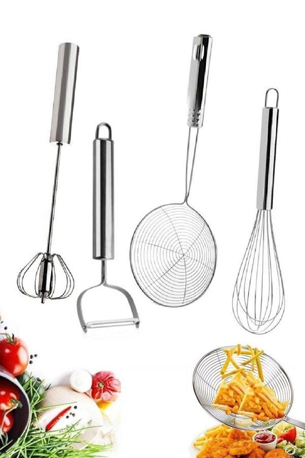 Tilbe Home Çelik Yumurta Çırpıcısı Tel + Basmalı Çelik Çırpıcı + Çelik Kevgir Kızarta Süzgeç + Julyen Soyacak - Image 1