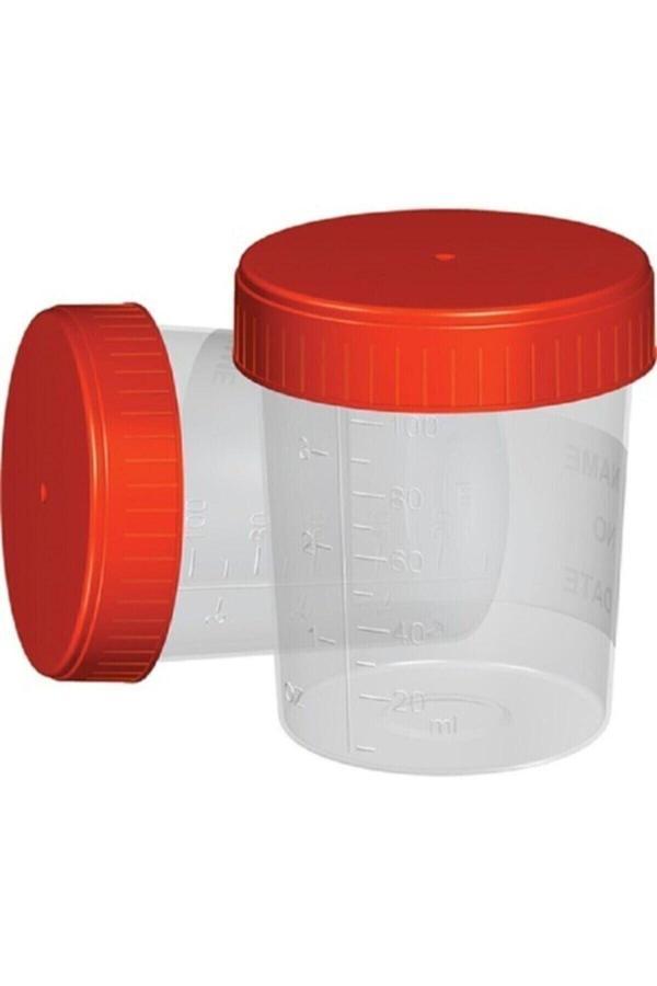 Yerli Idrar Numune Kabı Kırmızı Kapak Poşetli 100 Ml 50 Adet - Image 1