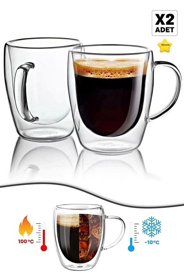 Tilbe Home Çift Cidarlı Bardak Cam Kupa 310 Ml Ev Ofis Espresso Kahve Fincanı Borosilikat Kulplu Çay Bardağı - Image 1