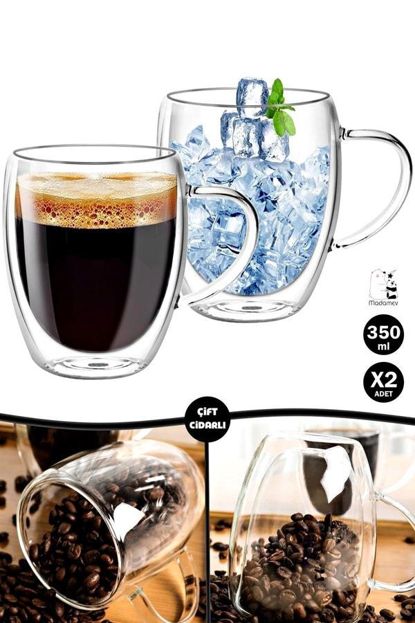 Tilbe Home Çift Cidarlı Bardak Kupa 350 Ml Ev Ofis Espresso Kahve Çay Fincanı Borosilikat Kulplu Cam Bardak - Image 1