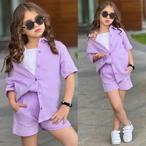 Kız Çocuk Yarım Kol Gömlek + Şort  Müslin Takım 7001 LİLA - Image 1