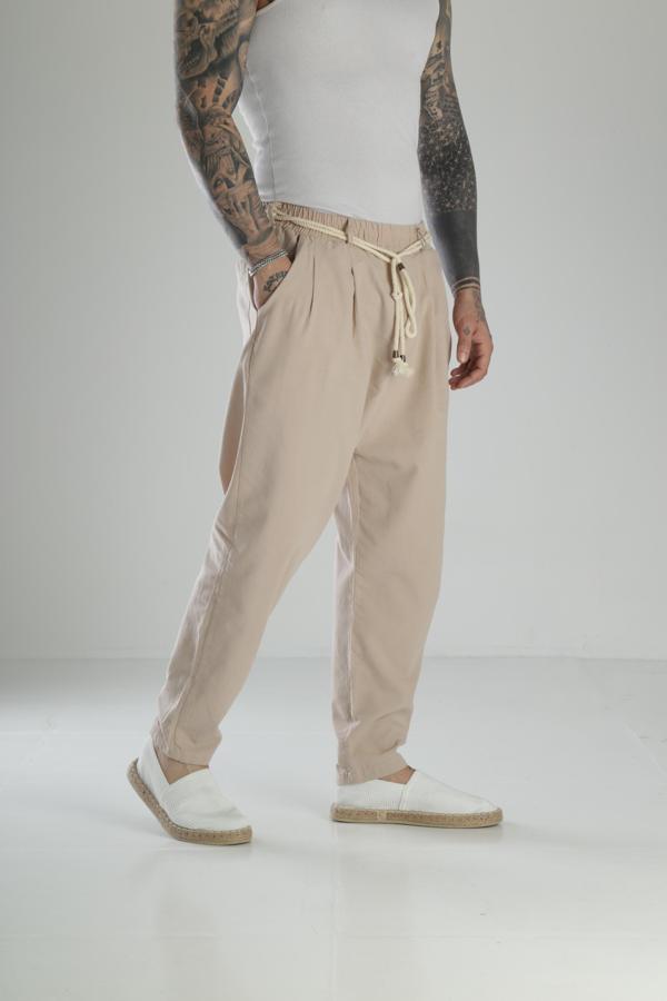 Kapgan İp Detaylı Bej Keten Pantolon - Image 1