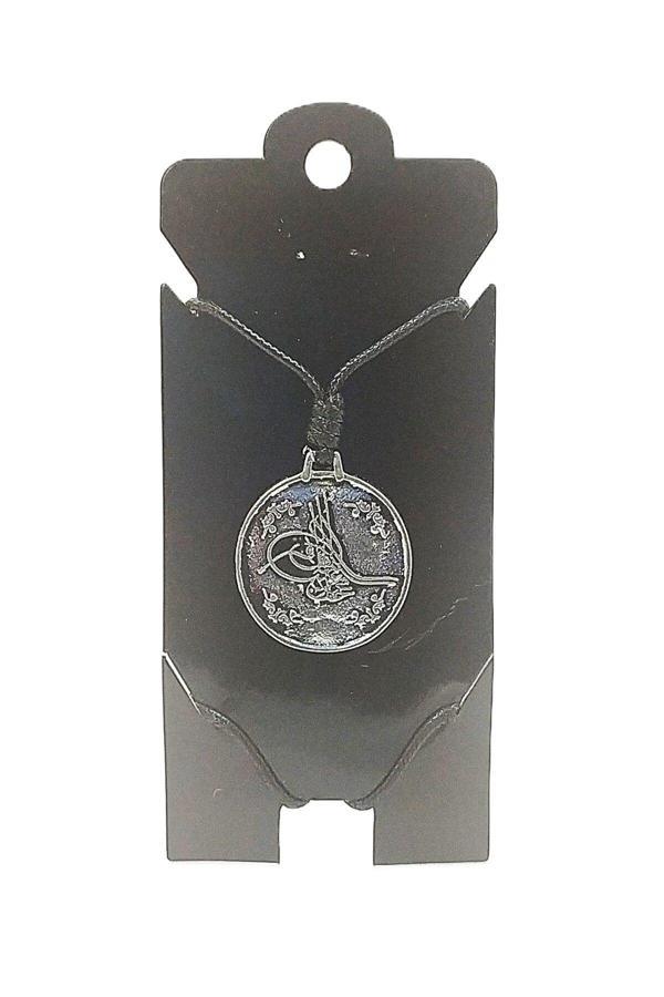 UNİSEX KORE İP ASKILI VE KROM ÇELİK KAPLAMALI TRİBAL KOLYE - Image 1