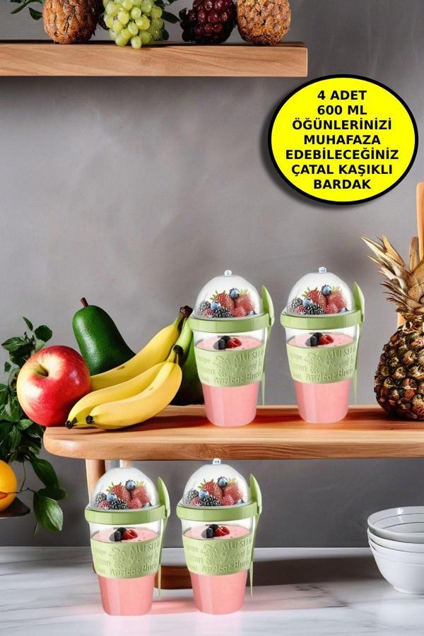 4 ADET Diyet & Kahvaltı için Çatal & Kaşıklı Kapaklı Yoğurt Müsli Salata Meyve Saklama Kabı - 600 ml - Image 1