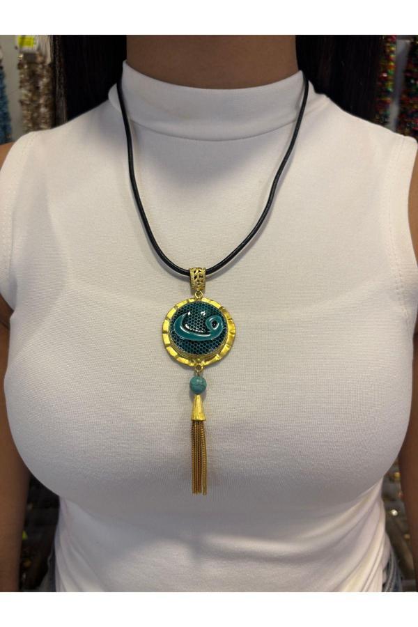 SERAMİK TAŞLI ÖZEL EL İŞLEMESİ BAKIR KOLYE - Image 1