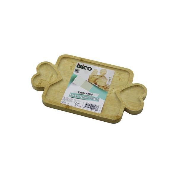 DİKDÖRTGEN 3 BÖLMELİ=2İN1 KALP KULP - BÖLME + 1 AHŞAP BAMBU SERVİS SUNUM TEPSİ - TAHTASI 25 X 14 X 1.4CM (2818) - Image 1