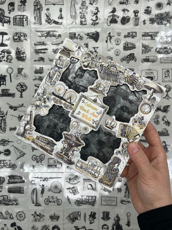  4 Bölmeli 100 Yaprak Özel Tasarım Siyah-Beyaz Renk  Nostaljik Sticker Set /Etiket /Bullet Journal/Su Geçirmez - Image 1