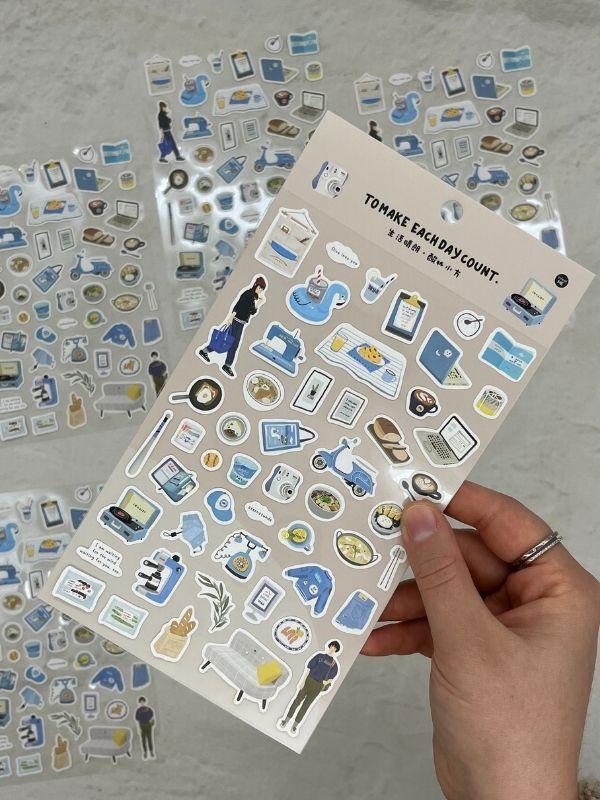 Kawaii Günlük Rutinler 51 Adet Tek Yaprak Mavi Paket Sticker / Bullet Journal / Ajanda  - Image 1
