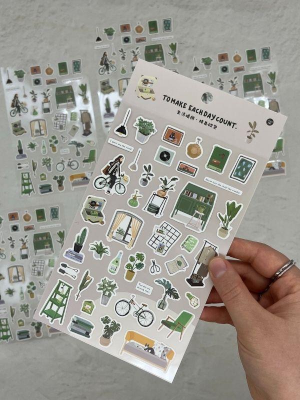Kawaii Günlük Rutinler 41 Adet Tek Yaprak Yeşil Paket Sticker / Bullet Journal / Ajanda  - Image 1